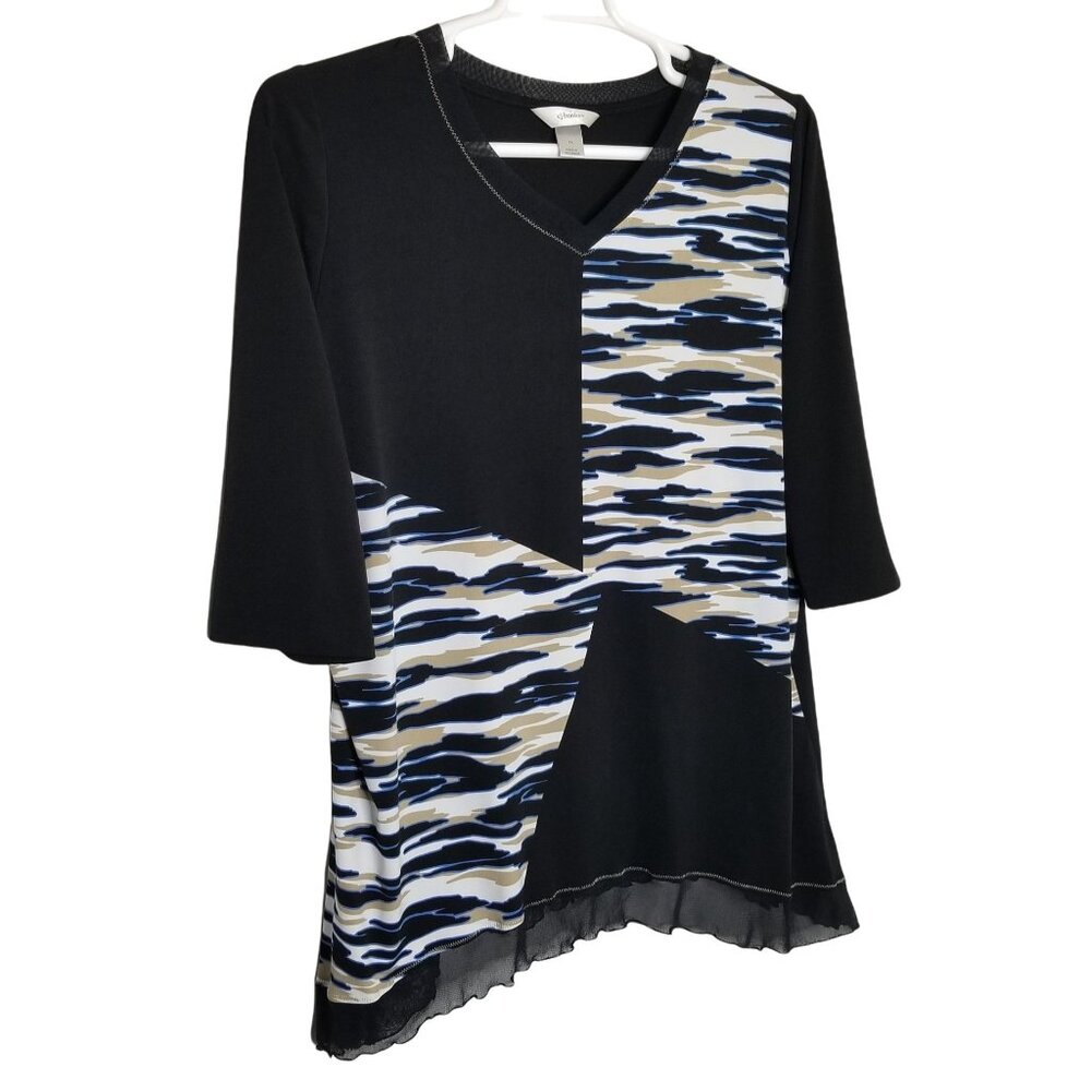 CJ Banks Sz 1X Shirt Artsy Fluid Jersey Stretch Sheer Ruffle Curved Hem Pullover - Picture 1 of 7